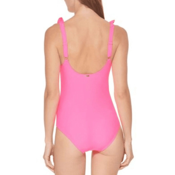 Dkny Ruffle Plunge Underwire Tummy Control One-Piece Swimsuit Pink Size 6 10439 - Picture 2 of 2